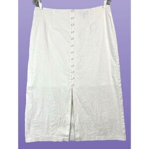Banana Republic Women 10 Petite Linen Midi Skirt Split White Lined Column Preppy